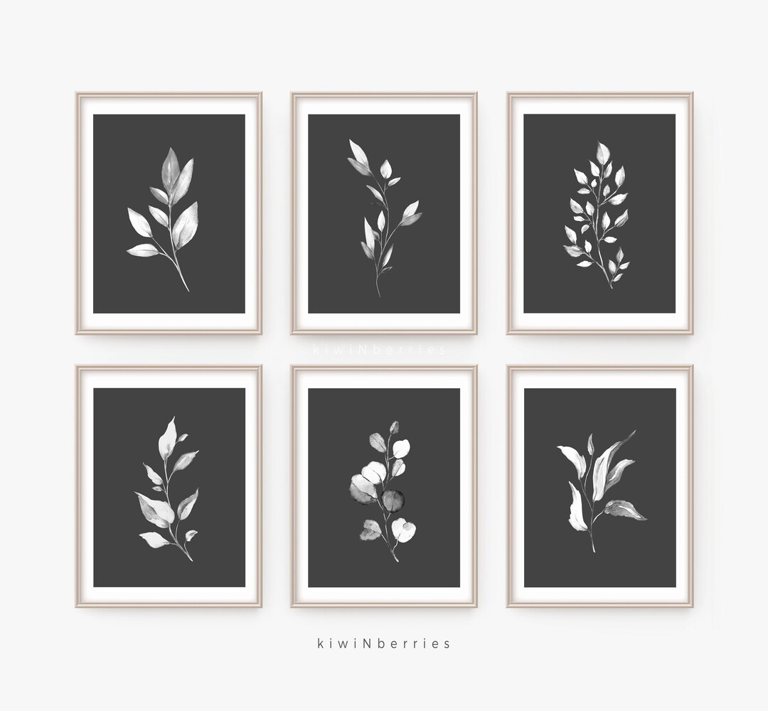Dark Botanical Prints, Printable Plant Wall Art, Black Background ...