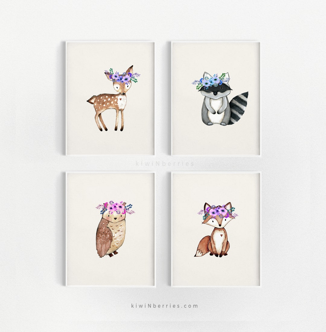 Set of 4 Woodland Animals Nursery Wall Art Printable Nursery Woodland ...