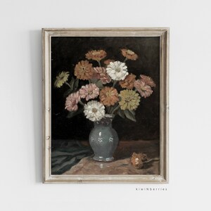 Impresiones digitales cambiantes, pintura de flores vintage, decoración de arte de sala de estar, pintura al óleo de bodegones florales oscuros, arte antiguo imprimible