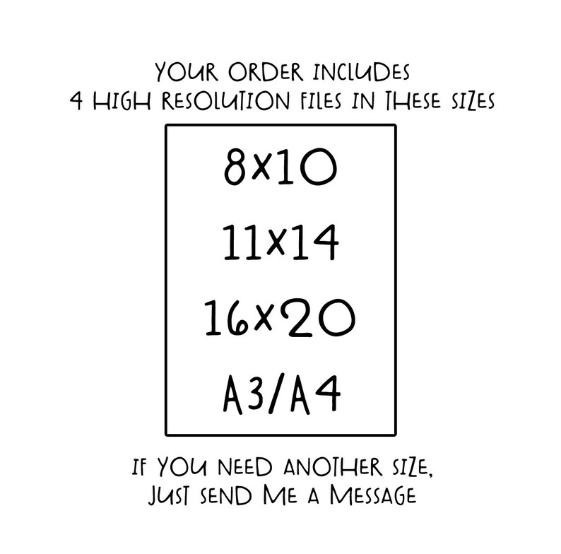 May include: Text on a white background that reads "YOUR ORDER INCLUDES 4 HIGH RESOLUTION FILES IN THESE SIZES 8x10 11x14 16x20 A3/A4 IF YOU NEED ANOTHER SIZE, JUST SEND ME A MESSAGE"
