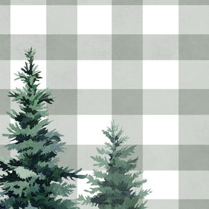 May include: Two green watercolour pine trees on a white and grey gingham background.