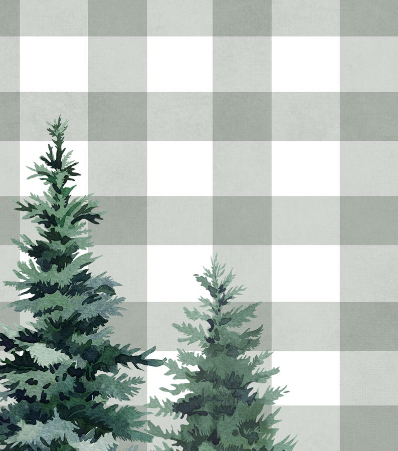 May include: Two green watercolour pine trees on a white and grey gingham background.