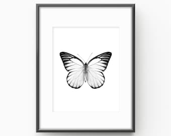 Monochroom vlinderprint: minimalistische zwart-witte muurkunst (digitale download)