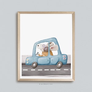 Hond besturen van een auto print, digitale jongenskamer kunst aan de muur, afdrukbare leuke kunst, kinderkamer speelkamer prints, blauw en grijs, autotransportvoertuig