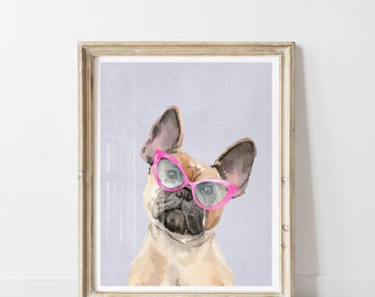 French Bulldog  Print Digital, Printable Girls room, Fun Colorful Art, Puppy Frenchie with glasses, purple hot pink, Playroom Decorations