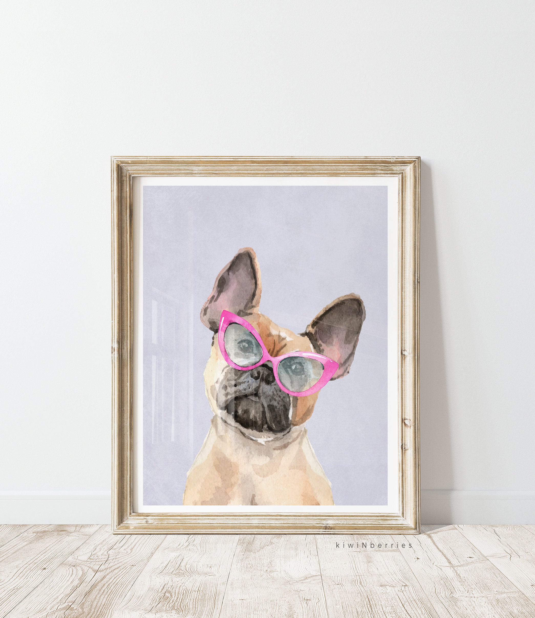 フレンチブルドック メガネ アート 絵画 新品 フレンチブルドッグのプリント：ピンクのメガネをかけた子犬、プレイ