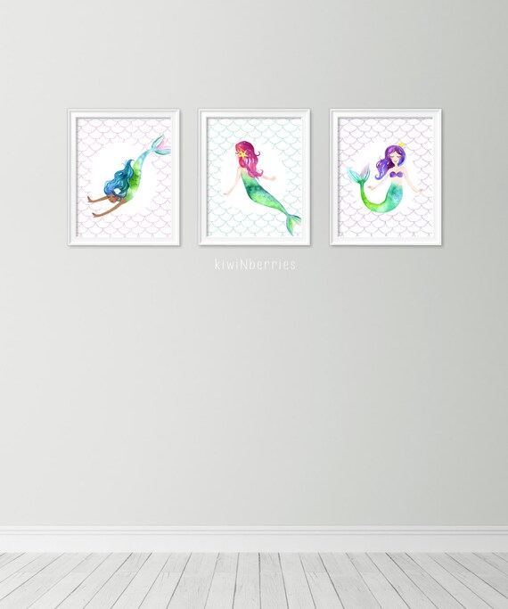 Mermaid print set of 3 Printable gift for little girls
