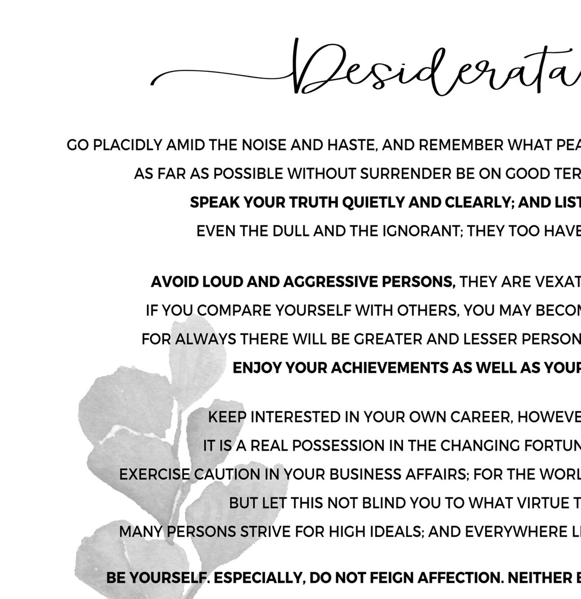 Desiderata Wall Art Desiderata Art Print Black and White Etsy Canada