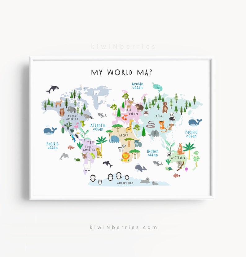 World map print for kids, Animal World map print, Nursery kids decor, Children art print, Playroom art, World map illustration, Educational image 3
