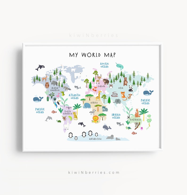 K&ouml;nnte beinhalten: Eine bunte Weltkarte mit Illustrationen von Tieren aus verschiedenen Kontinenten. Die Karte ist mit den Namen der Kontinente und Ozeane beschriftet. Der Text "MY WORLD MAP" befindet sich oben auf der Karte.