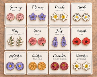 Birth Flower Earring SVG Bundle, 12 Month Floral Studs, Laser Cut Jewelry Files, Engraved Wood, Glowforge xTool