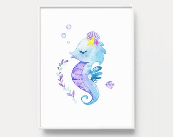 Seahorse print, Girls Room Decor, Girl printable Art, Ocean themed room, Fun prints for girls, Kids wall art, Seahorse poster