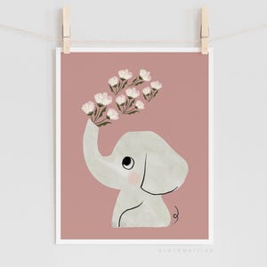 Impresión de elefante lindo, póster rosa antiguo, animal con flores, arte imprimible digital, decoraciones para habitaciones de niñas, rosa oscuro, carteles estéticos felices