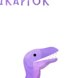 May include: Purple watercolor illustration of a dinosaur with the word "RAPTOR" written above it.
