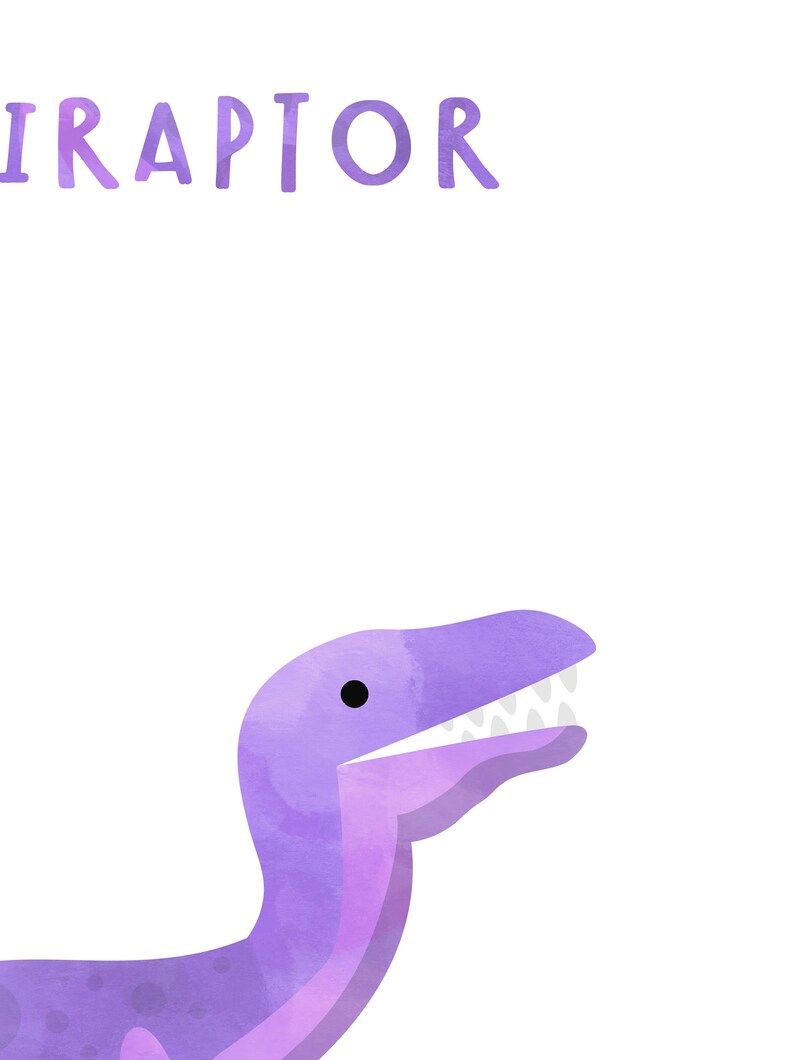 May include: Purple watercolor illustration of a dinosaur with the word "RAPTOR" written above it.