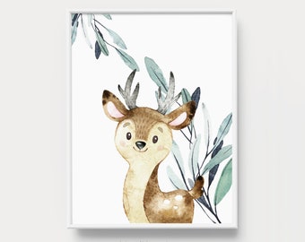 Woodland animal art - Watercolor deer print - Nursery wall art - Cute baby girl art - Watercolor nursery - Baby room decor