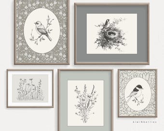 Vintage Bird Botanical Print Set: Cottagecore Farmhouse Decor (Digital Download)