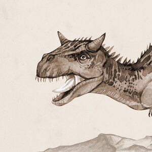 May include: A watercolour illustration of a brown dinosaur with a spiky back and horns on its head. The dinosaur is shown with its mouth open and tongue sticking out.
