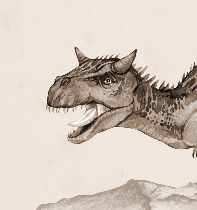 May include: A watercolour illustration of a brown dinosaur with a spiky back and horns on its head. The dinosaur is shown with its mouth open and tongue sticking out.