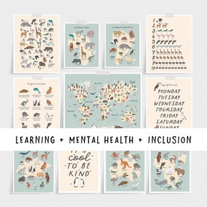 Set von 11 Bildungspostern, Inklusion und psychische Gesundheit für Kinder, Kinder Lerndrucke, Klassenzimmer Wandkunst, Landkarte und Kontinente, Boho