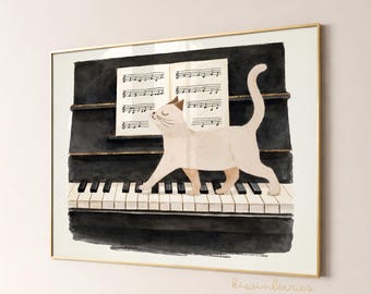 Piano Printable Art, Cat playing music, Nursery Prints, Playroom Wall Art, Musical instrument, Instant Download