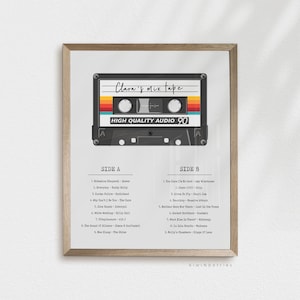 Impressão de pôster de mixtape personalizada - playlist musical personalizada, fita cassete retrô, presente de aniversário faça você mesmo, escolha de músicas, presente para casais musicais