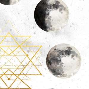 Moon phases print Lunar phases wall posters Monochrome moon art prints Digital moon prints Sacred geometry gold Printable gift image 2