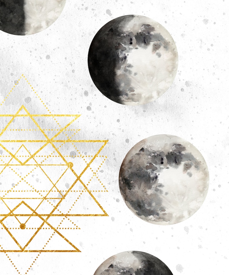 Moon phases print Lunar phases wall posters Monochrome moon art prints Digital moon prints Sacred geometry gold Printable gift image 2