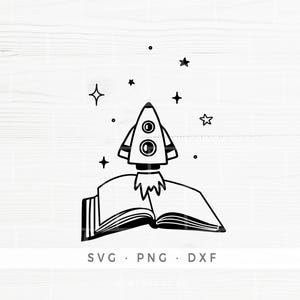 Raket komt uit boek SVG, avontuurlijke verbeelding, lezen voor kinderen, gesneden bestanden, open boek SVG, lezer kinderen, Cricut silhouet,