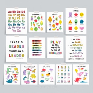 Paquete de carteles de aprendizaje, Decoración del aula Montessori, Imprimibles educativos, Conjunto de impresión de aprendizaje, Imprimibles de la escuela en el hogar, Impresiones de arte de la sala de juegos