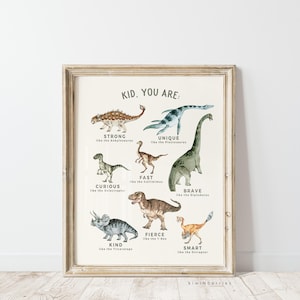 Positiver Druck für Kinder, Dinosaurier-Wandkunst für Kleinkinder, Affirmationswörter, Dinosaurier-Themenzimmer, digitale Dinosaurier zum Einrahmen, Jungenposter