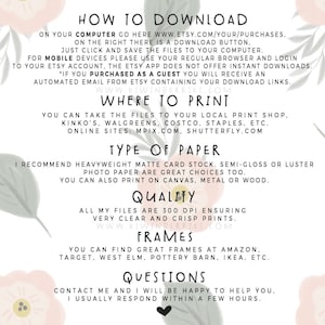 May include: A pink and white floral background with text explaining how to download and print digital files. The text includes information about file quality, paper types, and where to find frames. The text also includes the website address www.kiwinberries.com.