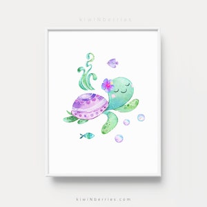 May include: A watercolour illustration of a green sea turtle with a purple and pink shell, swimming with a pink flower on its head. The turtle is surrounded by bubbles and a small blue fish. The illustration is on a white background.