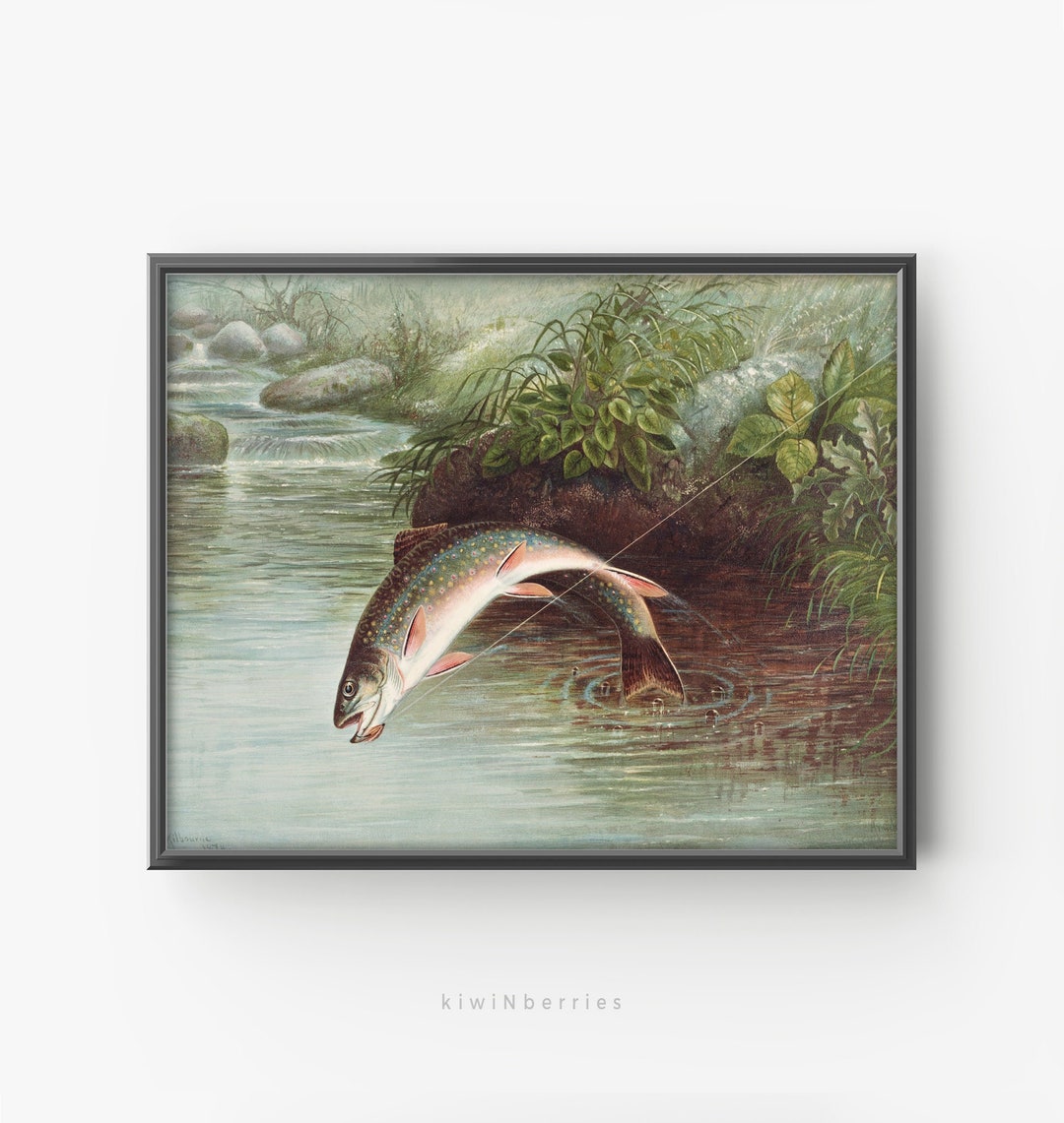 Fishing Digital Print, Trout Painting Vintage, Instant Download