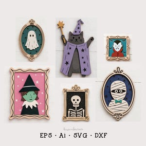 May include: A collection of six wooden Halloween-themed wall decorations featuring a ghost in an oval frame, a cat wizard, a vampire in a square frame, a witch in a rectangular frame, a skeleton, and a mummy in an oval frame. Text reads EPS, Ai, SVG, DXF.