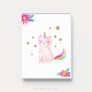 Cat Unicorn print, Girl&#39;s wall art, Printable unicorn wall art, Unicorn posters, Fun Cats, Cat prints, Kids art prints, Rainbow colorful fun