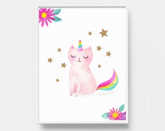Katze Einhorn Poster: Regenbogen Wandbild für Kinder (Digitaler Download)