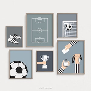 Conjunto de pared de la galería de fútbol de 6 impresiones descargables, deportes de fútbol digital, decoración de la guardería del niño monocromo, sala de juegos para niños, cartel imprimible deportivo