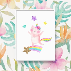 Cat Unicorn print, Girl&#39;s wall art, Printable unicorn wall art, Unicorn posters, Fun Cats, Cat prints, Kids art prints, Rainbow colorful fun