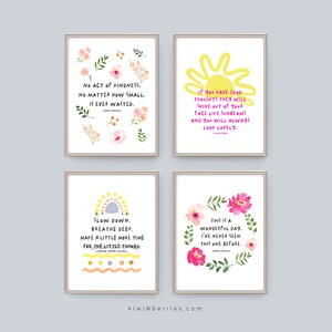 Puede incluir: Cuatro impresiones de arte de pared imprimibles con dise&ntilde;os florales de acuarela y citas inspiradoras. Las citas son: "Ning&uacute;n acto de bondad, por peque&ntilde;o que sea, se desperdicia jam&aacute;s."  "Si tienes buenos pensamientos, brillar&aacute;n de tu rostro como rayos de sol y siempre lucir&aacute;s encantador."  "Desacelera. Respira hondo. T&oacute;mate un poco m&aacute;s de tiempo para las peque&ntilde;as cosas."  "Este es un d&iacute;a maravilloso. Nunca he visto uno como este."