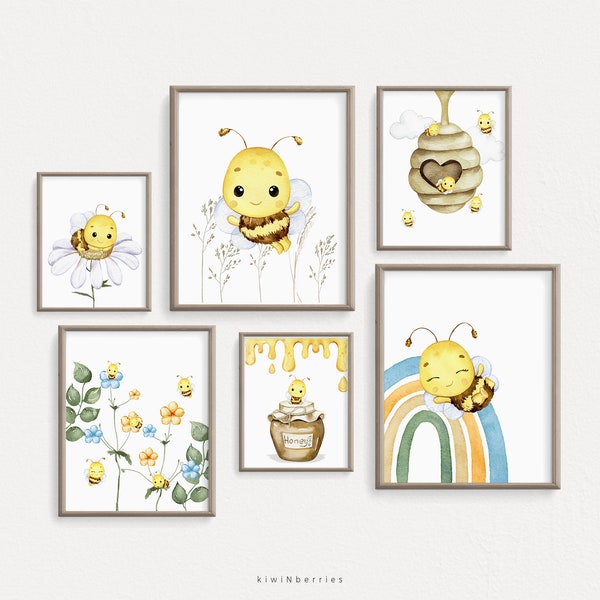 Bee Print Set, Nursery wall Art, Nursery decor, Bee Gender neutral Art, Yellow and Blue, Beehive Flowers Honey, Babys Room bee Posters, Cute