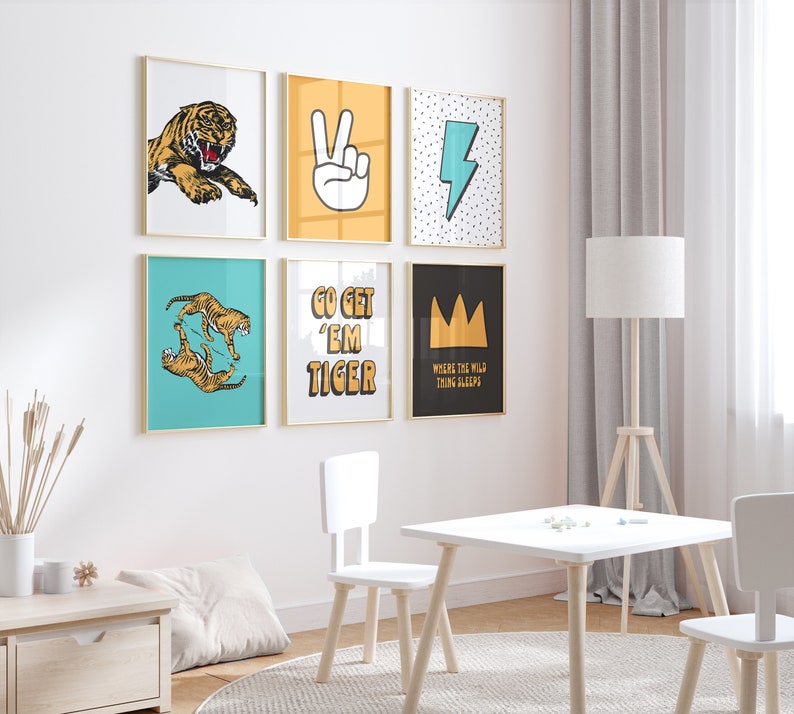Boys Room Decor, Play Room Wall Art, Aqua Orange, Tiger Printable Art