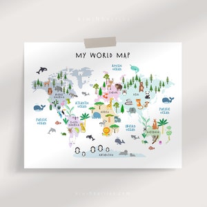 World map print for kids, Animal World map print, Nursery kids decor, Children art print, Playroom art, World map illustration, Educational image 4