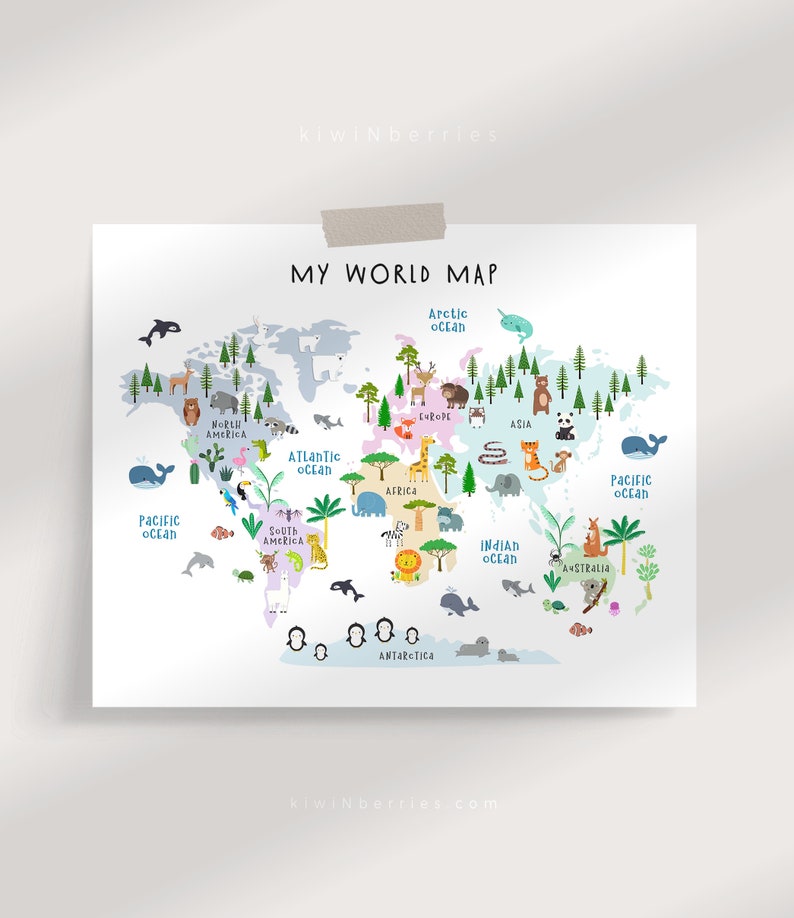 World map print for kids, Animal World map print, Nursery kids decor, Children art print, Playroom art, World map illustration, Educational image 4