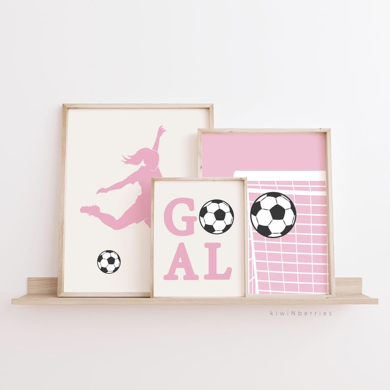 Female Soccer Prints, Girl Set of Sport Art, Football Pink Poster