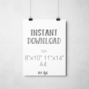 Op de afbeelding: Direct downloadbaar grafisch ontwerp sjabloon met de tekst "Direct Downloaden" en de beschikbare formaten 8"x10", 11"x14" en A4. De resolutie is 300 dpi.