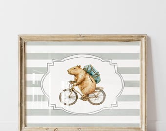 Lámina de carpincho en bicicleta: Decoración infantil en verde pastel (descarga digital)