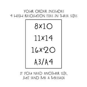 Puede incluir: Texto sobre un fondo blanco que dice "YOUR ORDER INCLUDES 4 HIGH RESOLUTION FILES IN THESE SIZES" seguido de un cuadro con el texto "8x10", "11x14", "16x20" y "A3/A4" dentro. Debajo del cuadro, el texto dice "IF YOU NEED ANOTHER SIZE, JUST SEND ME A MESSAGE".