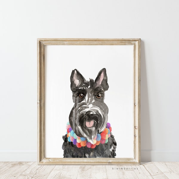 Poster Terrier écossais, oeuvre d'art murale pour chambre de fille, oeuvre d'art téléchargeable chien, impression portrait de chiot, accessoires girly, col à pompons noir