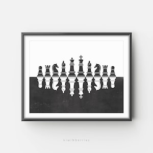 Chess Pieces Printable Art, Landscape Chess Print, Black and White Chess Poster, Rook Knight Bishop Queen King, Game room Decor,Chess School